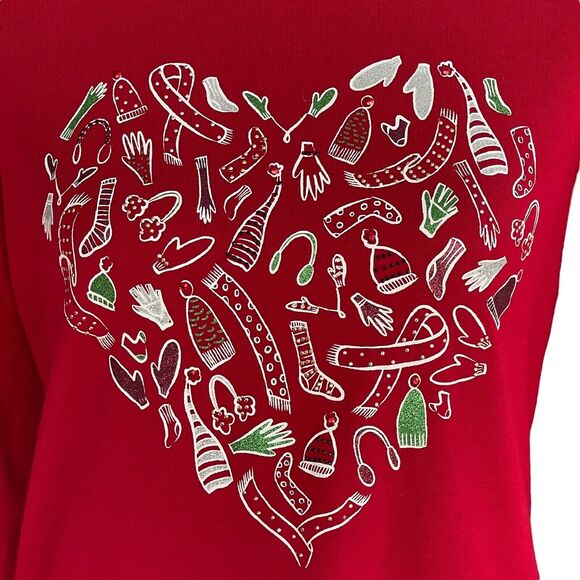 Karen Scott Petite Medium Top Holiday Christmas Heart Long Sleeve Stretch Red - Picture 2 of 8